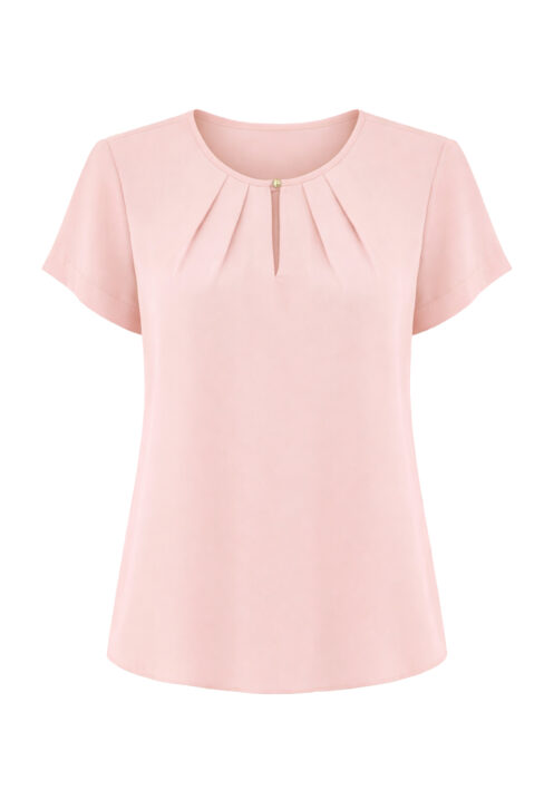 Bluzka damska krótki rękaw z dekoltem łezka pudrowa