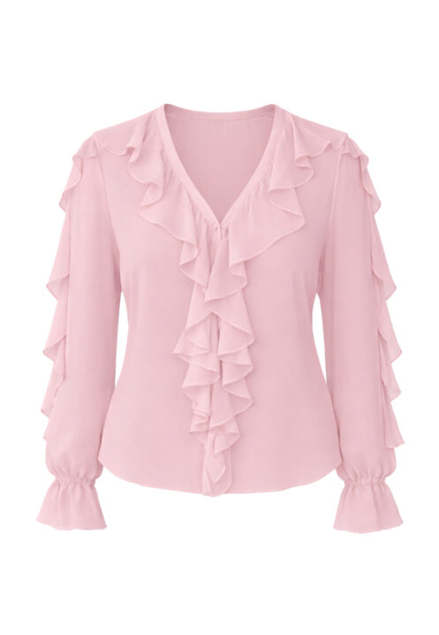 Bluzka z dekoltem V i falbanami pudrowa