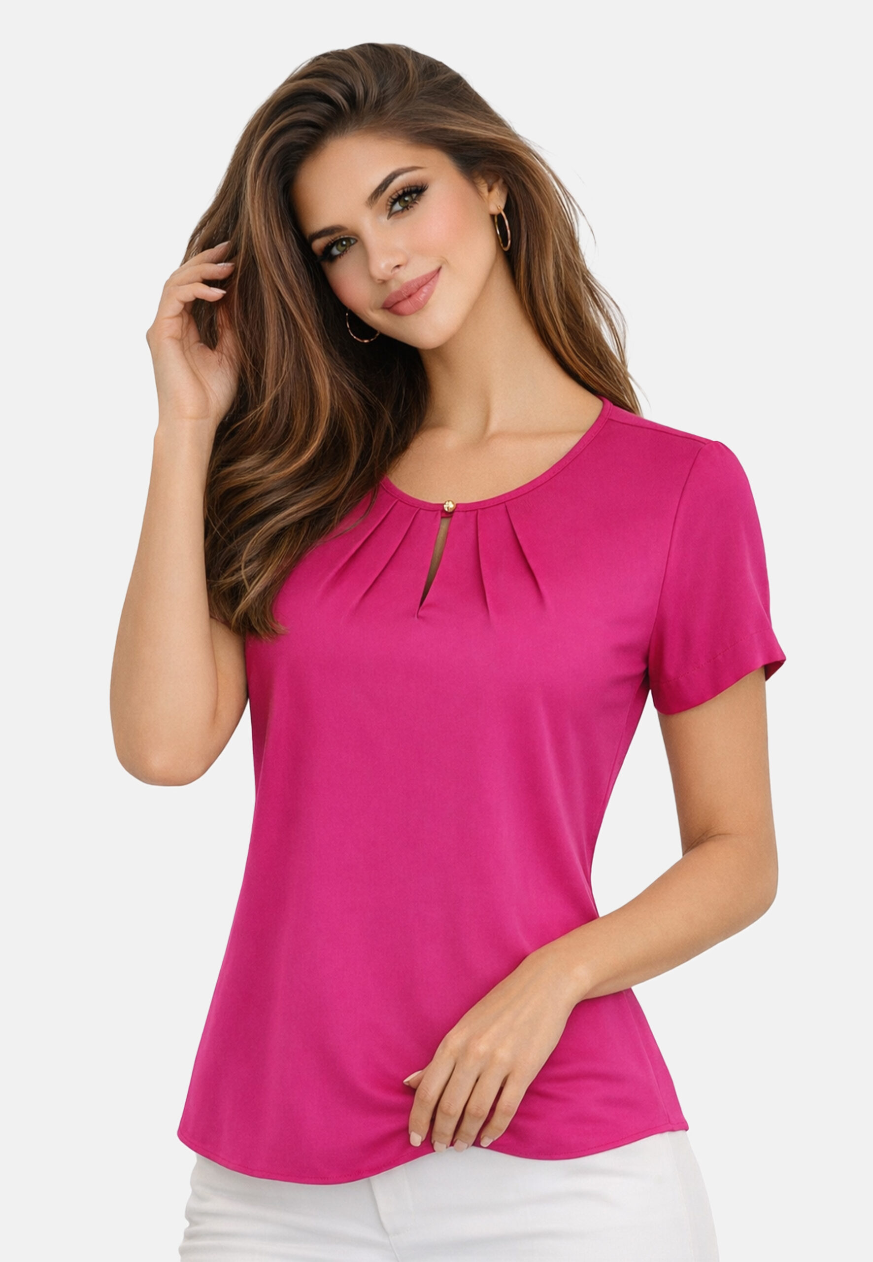 Bluzka damska krótki rękaw z dekoltem łezka amarantowa - obrazek 2