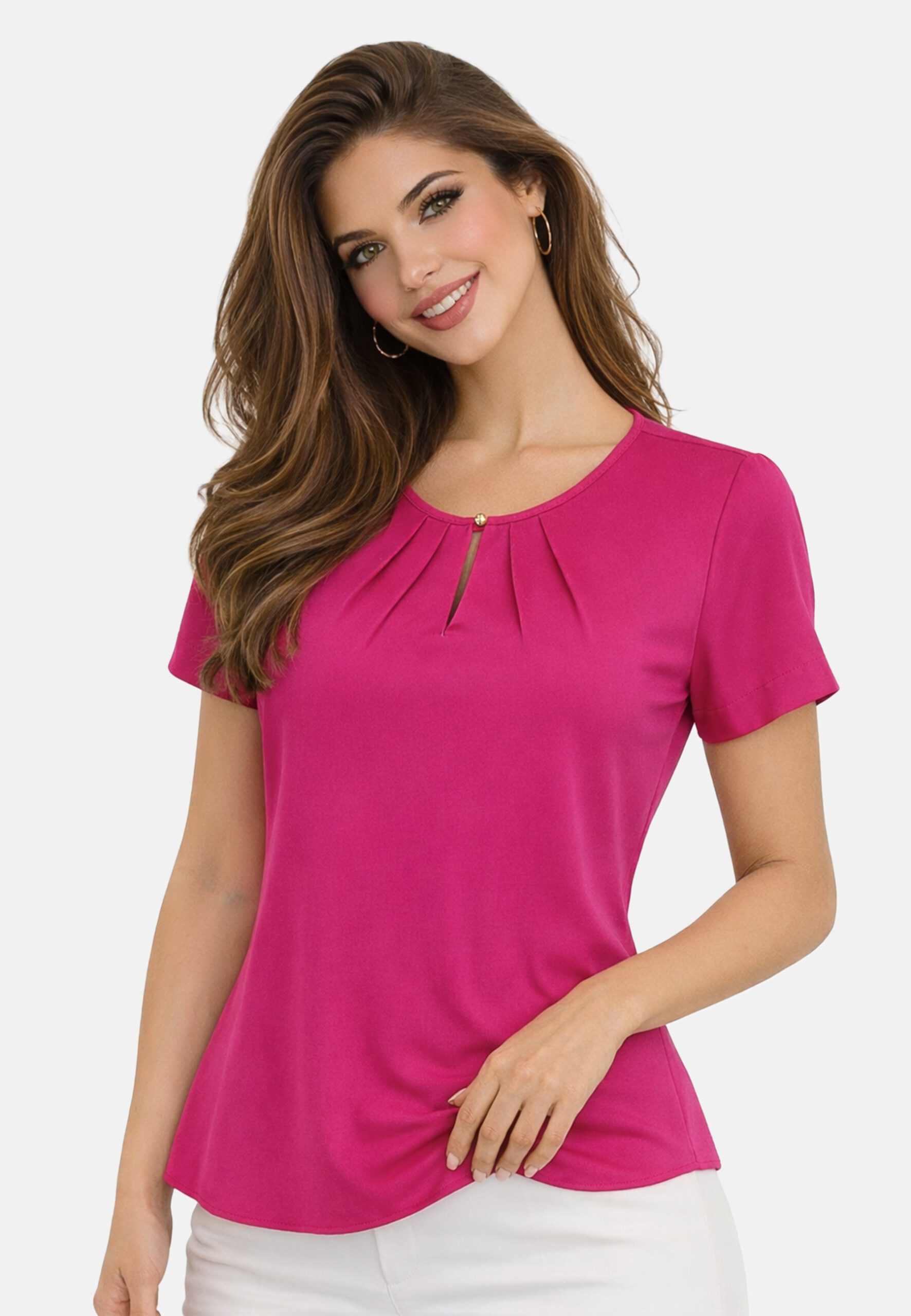Bluzka damska krótki rękaw z dekoltem łezka amarantowa - obrazek 4