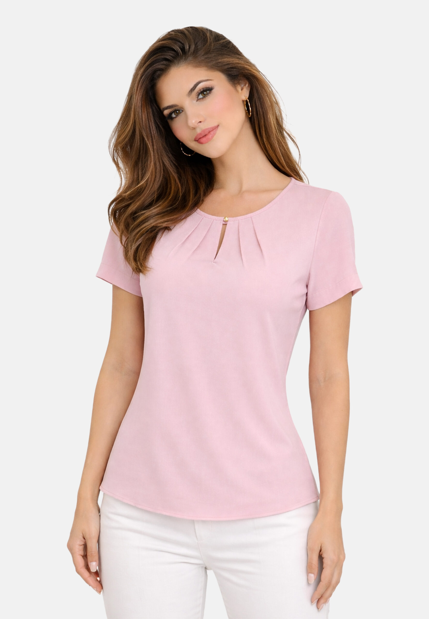 Bluzka damska krótki rękaw z dekoltem łezka pudrowa - obrazek 5