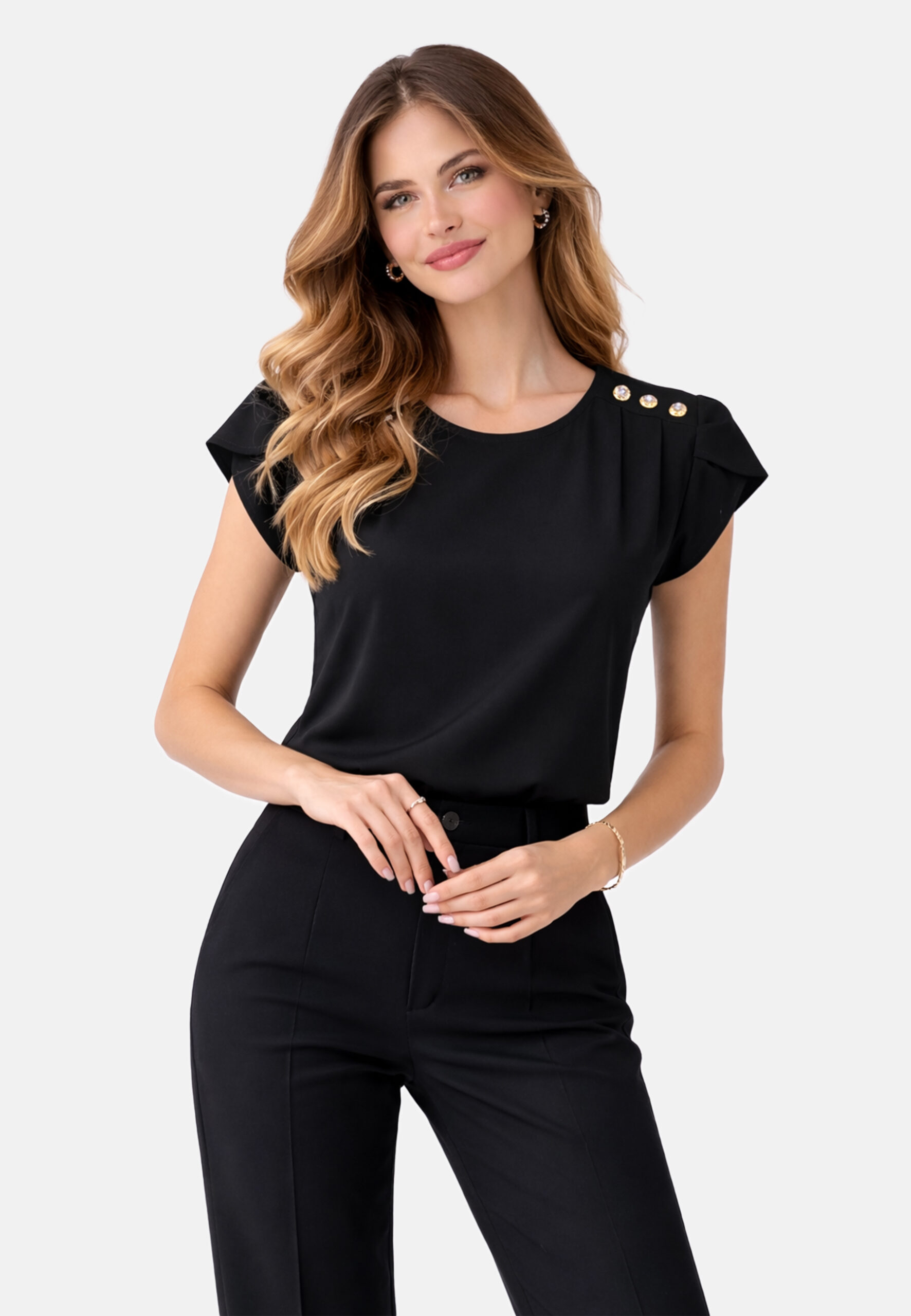 Bluzka z guzikami na ramionach czarna - obrazek 5