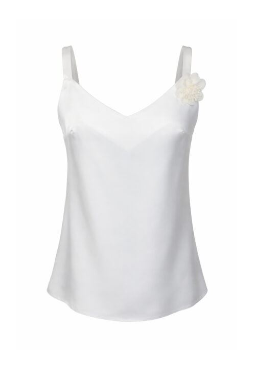 Top satynowy na ramiączkach z kwiatem ecru