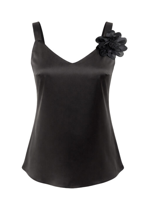 Top satynowy na ramiączkach z kwiatem czarny
