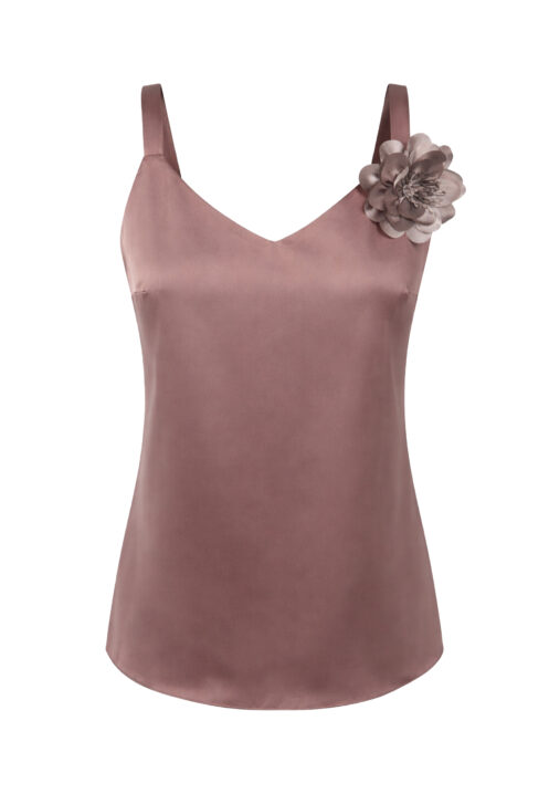 Top satynowy na ramiączkach z kwiatem fango