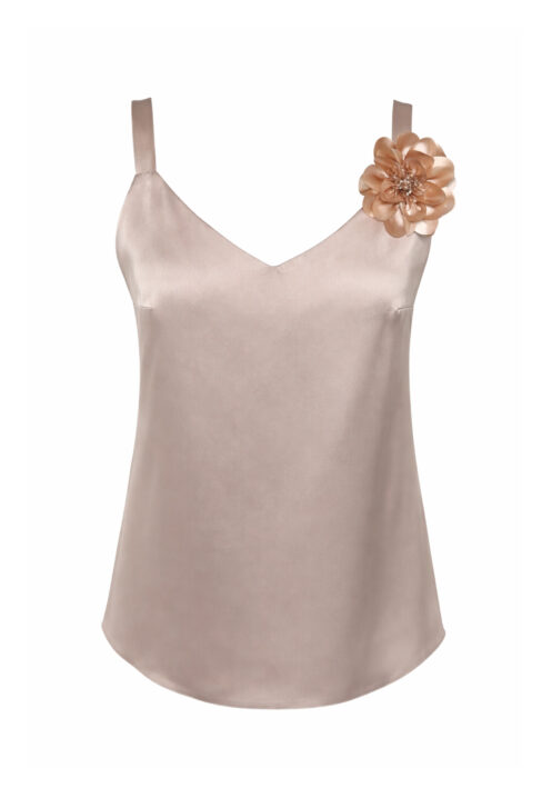 Top satynowy na ramiączkach z kwiatem beżowy