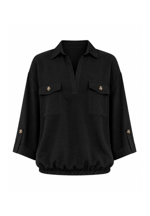 Bluzka z kołnierzykiem i kieszeniami Kolor Black Rayon