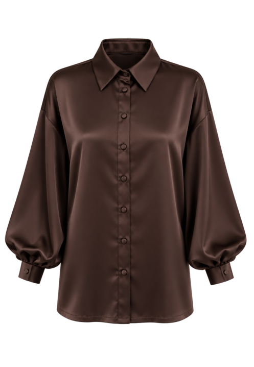 Elegancka bluzka satynowa z bufiastymi rękawami Kolor Brown